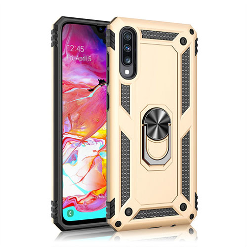 Silicone Matte Finish and Plastic Back Cover Case with Magnetic Finger Ring Stand R02 for Samsung Galaxy A70 Gold