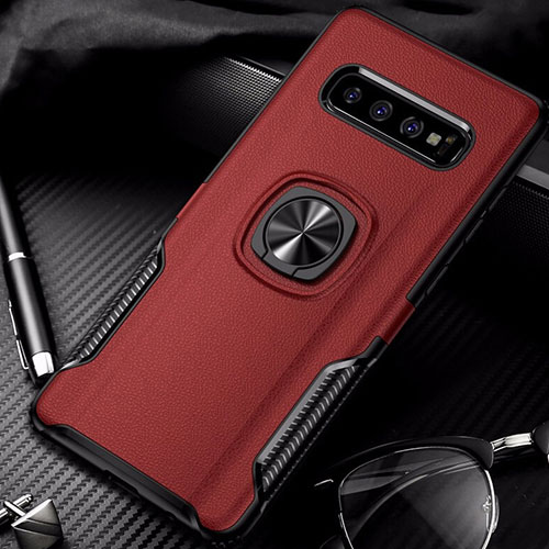 Silicone Matte Finish and Plastic Back Cover Case with Magnetic Finger Ring Stand R02 for Samsung Galaxy S10 5G Red