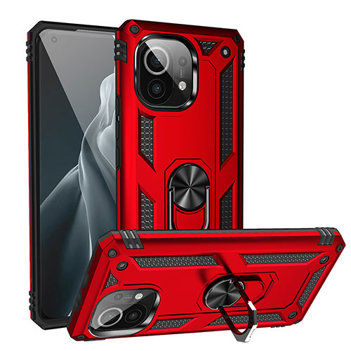 Silicone Matte Finish and Plastic Back Cover Case with Magnetic Finger Ring Stand R02 for Xiaomi Mi 11 5G Red