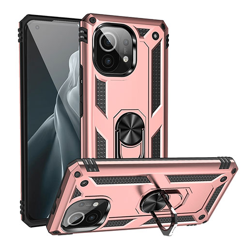 Silicone Matte Finish and Plastic Back Cover Case with Magnetic Finger Ring Stand R02 for Xiaomi Mi 11 Lite 5G NE Rose Gold