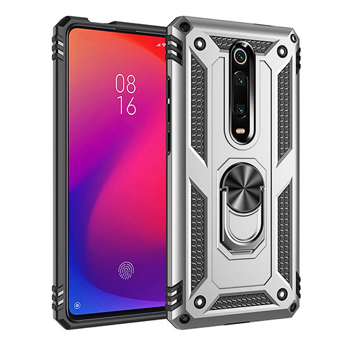 Silicone Matte Finish and Plastic Back Cover Case with Magnetic Finger Ring Stand R02 for Xiaomi Mi 9T Pro Silver