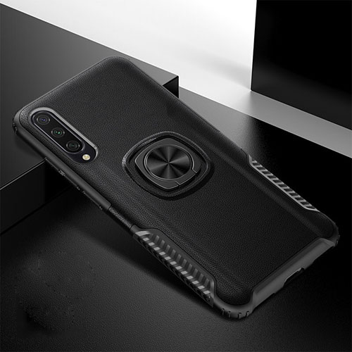 Silicone Matte Finish and Plastic Back Cover Case with Magnetic Finger Ring Stand R02 for Xiaomi Mi A3 Black