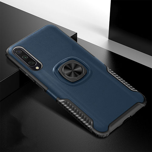Silicone Matte Finish and Plastic Back Cover Case with Magnetic Finger Ring Stand R02 for Xiaomi Mi A3 Blue