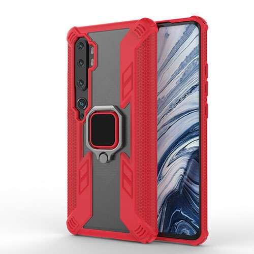 Silicone Matte Finish and Plastic Back Cover Case with Magnetic Finger Ring Stand R02 for Xiaomi Mi Note 10 Pro Red