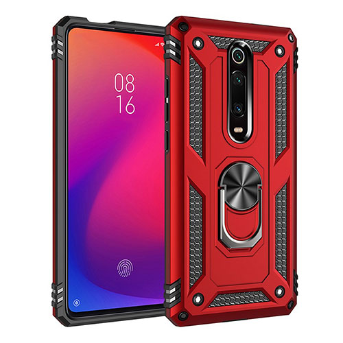 Silicone Matte Finish and Plastic Back Cover Case with Magnetic Finger Ring Stand R02 for Xiaomi Redmi K20 Red