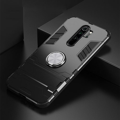 Silicone Matte Finish and Plastic Back Cover Case with Magnetic Finger Ring Stand R02 for Xiaomi Redmi Note 8 Pro Black