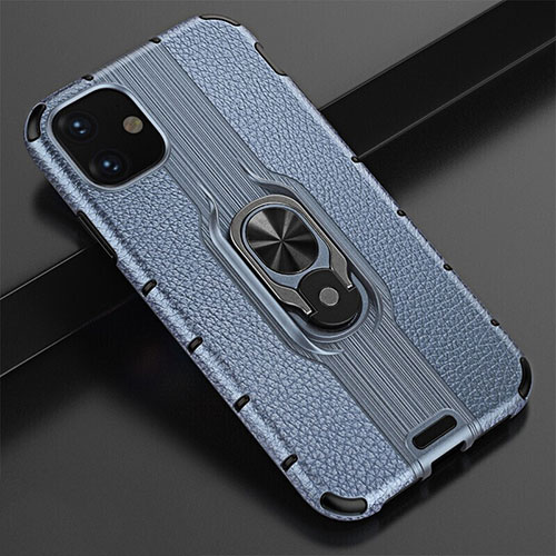 Silicone Matte Finish and Plastic Back Cover Case with Magnetic Finger Ring Stand R03 for Apple iPhone 11 Blue