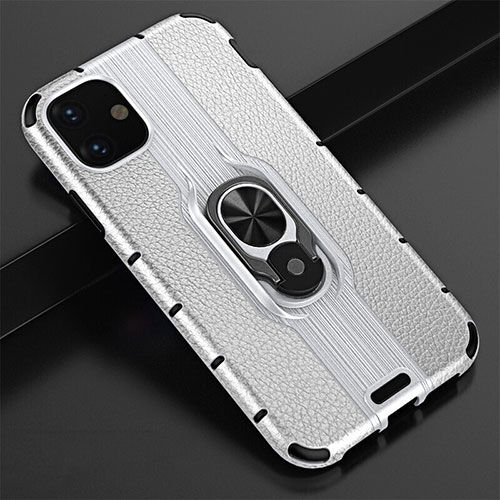 Silicone Matte Finish and Plastic Back Cover Case with Magnetic Finger Ring Stand R03 for Apple iPhone 11 Silver