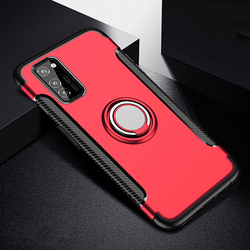 Silicone Matte Finish and Plastic Back Cover Case with Magnetic Finger Ring Stand R03 for Huawei Honor V30 5G Red