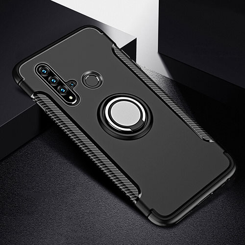 Silicone Matte Finish and Plastic Back Cover Case with Magnetic Finger Ring Stand R03 for Huawei Nova 5i Black