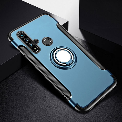 Silicone Matte Finish and Plastic Back Cover Case with Magnetic Finger Ring Stand R03 for Huawei P20 Lite (2019) Blue