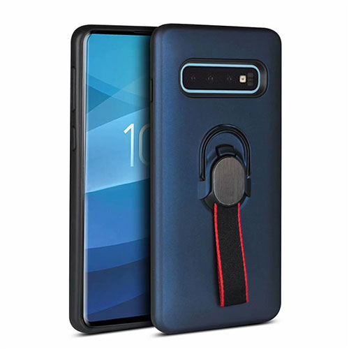 Silicone Matte Finish and Plastic Back Cover Case with Magnetic Finger Ring Stand R03 for Samsung Galaxy S10 5G Blue