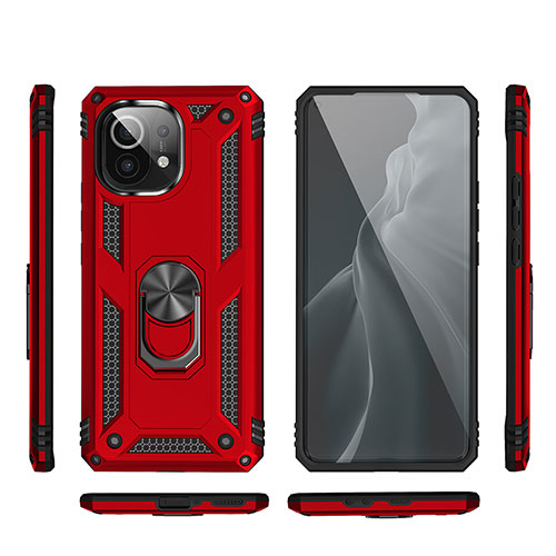 Silicone Matte Finish and Plastic Back Cover Case with Magnetic Finger Ring Stand R03 for Xiaomi Mi 11 Lite 4G Red