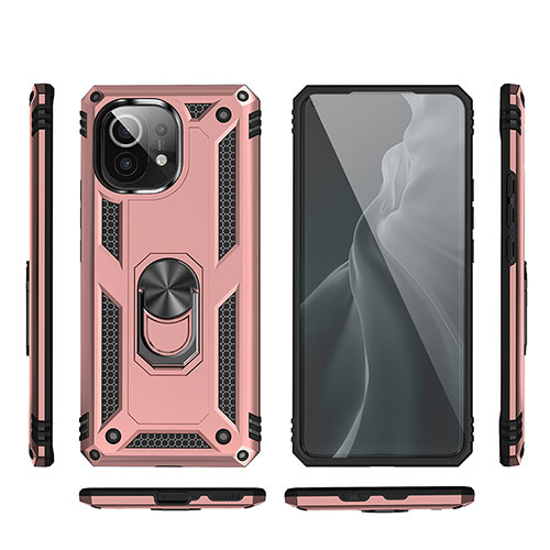 Silicone Matte Finish and Plastic Back Cover Case with Magnetic Finger Ring Stand R03 for Xiaomi Mi 11 Lite 5G Rose Gold