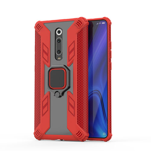 Silicone Matte Finish and Plastic Back Cover Case with Magnetic Finger Ring Stand R03 for Xiaomi Mi 9T Red