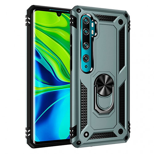 Silicone Matte Finish and Plastic Back Cover Case with Magnetic Finger Ring Stand R03 for Xiaomi Mi Note 10 Green