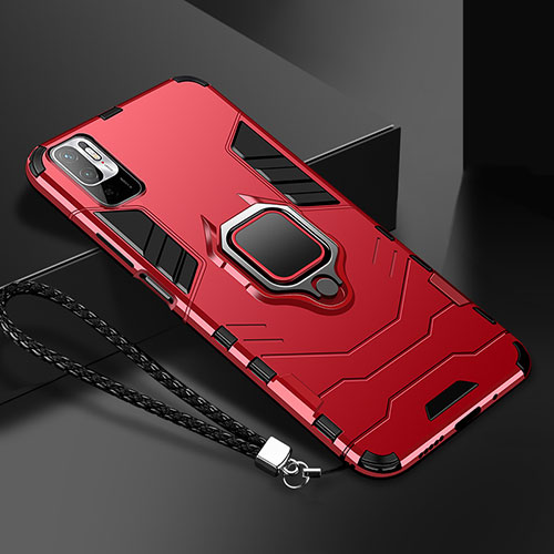 Silicone Matte Finish and Plastic Back Cover Case with Magnetic Finger Ring Stand R03 for Xiaomi POCO M3 Pro 5G Red