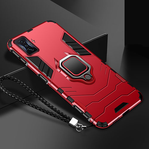 Silicone Matte Finish and Plastic Back Cover Case with Magnetic Finger Ring Stand R03 for Xiaomi Redmi K50 Gaming 5G Red