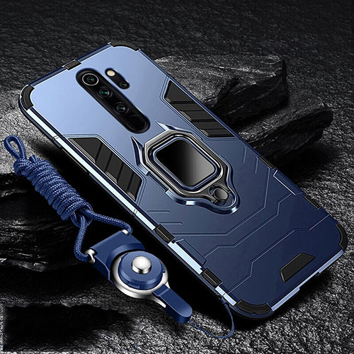 Silicone Matte Finish and Plastic Back Cover Case with Magnetic Finger Ring Stand R03 for Xiaomi Redmi Note 8 Pro Blue