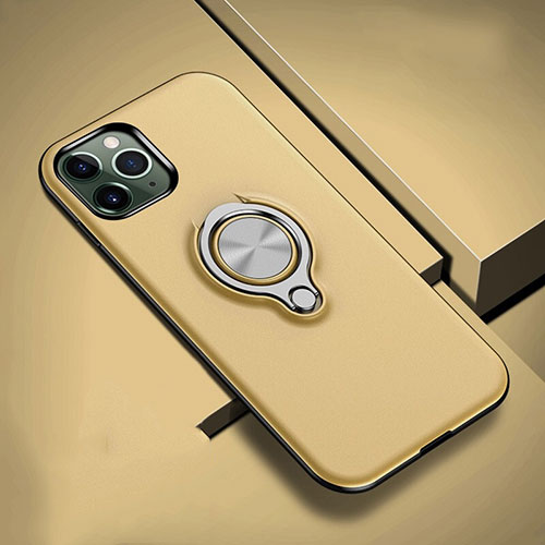 Silicone Matte Finish and Plastic Back Cover Case with Magnetic Finger Ring Stand R04 for Apple iPhone 11 Pro Gold