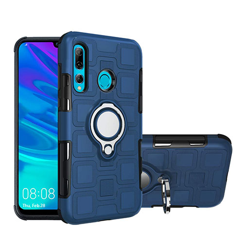 Silicone Matte Finish and Plastic Back Cover Case with Magnetic Finger Ring Stand R04 for Huawei Honor 20E Blue