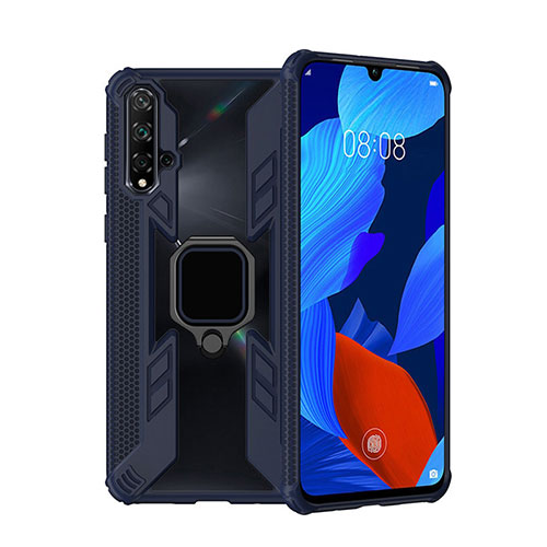 Silicone Matte Finish and Plastic Back Cover Case with Magnetic Finger Ring Stand R04 for Huawei Nova 5 Pro Blue