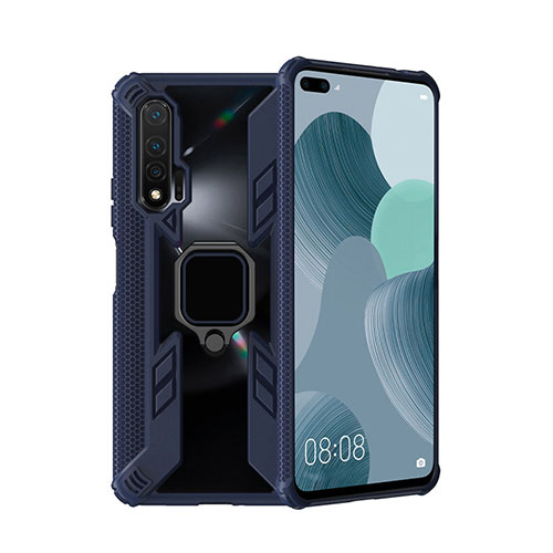 Silicone Matte Finish and Plastic Back Cover Case with Magnetic Finger Ring Stand R04 for Huawei Nova 6 5G Blue