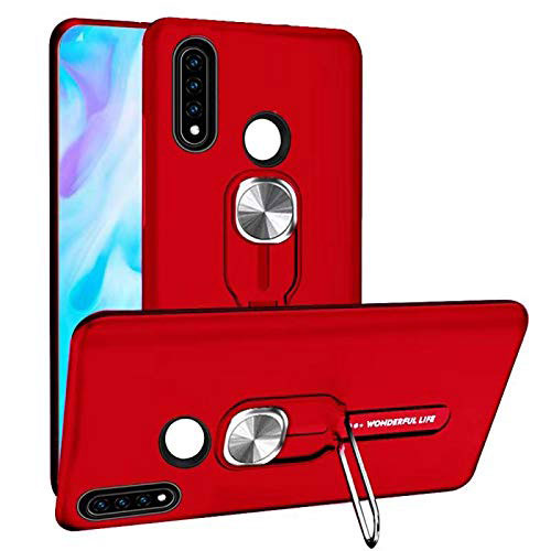 Silicone Matte Finish and Plastic Back Cover Case with Magnetic Finger Ring Stand R04 for Huawei P30 Lite New Edition Red