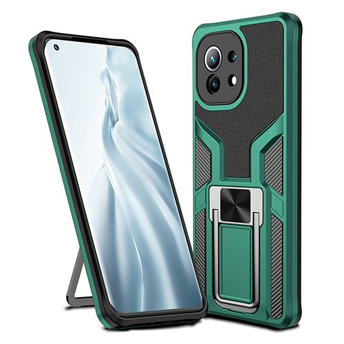 Silicone Matte Finish and Plastic Back Cover Case with Magnetic Finger Ring Stand R04 for Xiaomi Mi 11 Lite 5G Green