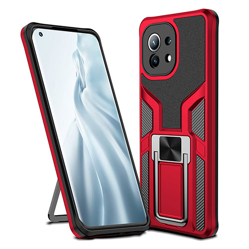 Silicone Matte Finish and Plastic Back Cover Case with Magnetic Finger Ring Stand R04 for Xiaomi Mi 11 Lite 5G Red