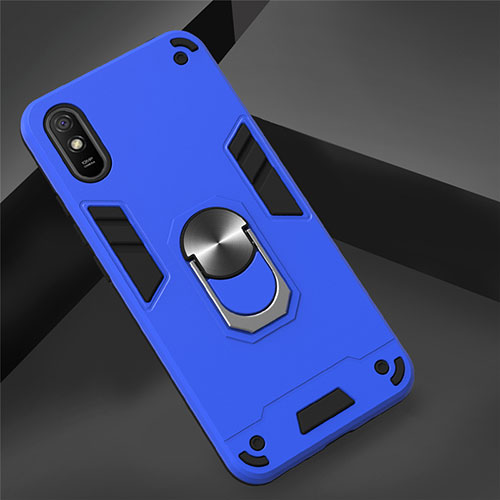 Silicone Matte Finish and Plastic Back Cover Case with Magnetic Finger Ring Stand R04 for Xiaomi Redmi 9A Blue