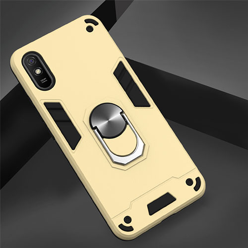 Silicone Matte Finish and Plastic Back Cover Case with Magnetic Finger Ring Stand R04 for Xiaomi Redmi 9A Gold