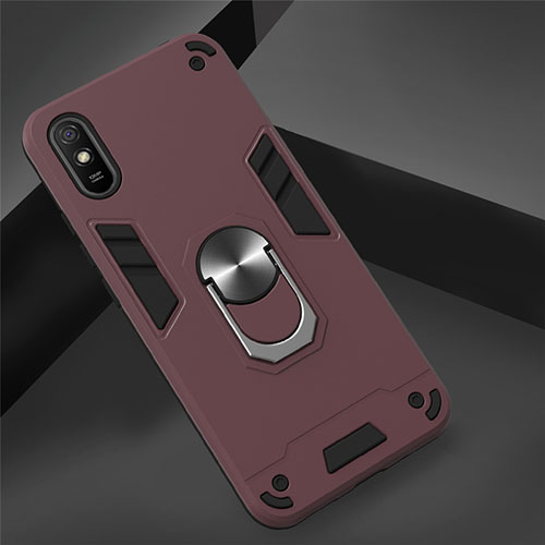 Silicone Matte Finish and Plastic Back Cover Case with Magnetic Finger Ring Stand R04 for Xiaomi Redmi 9A Red Wine