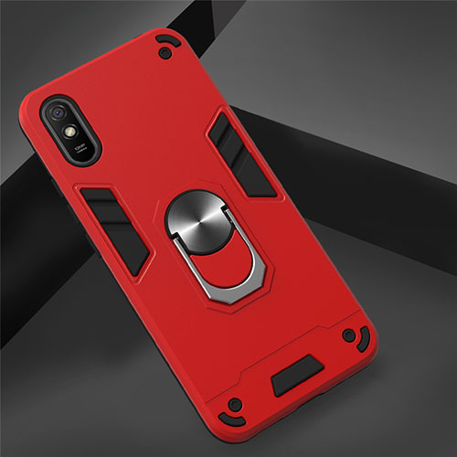 Silicone Matte Finish and Plastic Back Cover Case with Magnetic Finger Ring Stand R04 for Xiaomi Redmi 9i Red