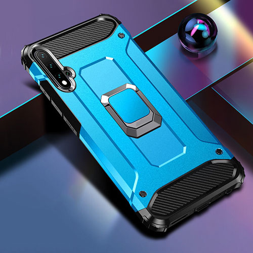 Silicone Matte Finish and Plastic Back Cover Case with Magnetic Finger Ring Stand R05 for Huawei Nova 5 Sky Blue