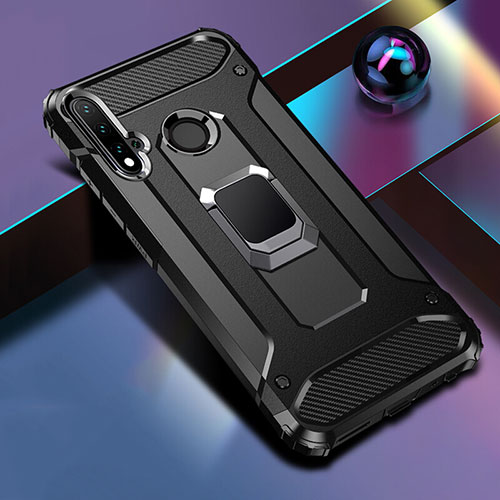 Silicone Matte Finish and Plastic Back Cover Case with Magnetic Finger Ring Stand R05 for Huawei P20 Lite (2019) Black
