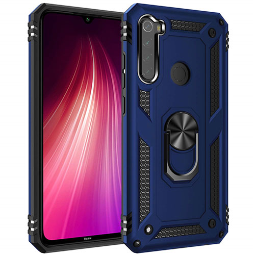 Silicone Matte Finish and Plastic Back Cover Case with Magnetic Finger Ring Stand R05 for Xiaomi Redmi Note 8 (2021) Blue