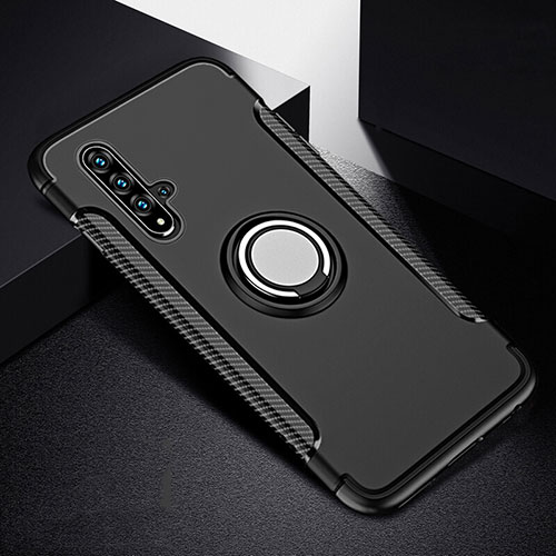 Silicone Matte Finish and Plastic Back Cover Case with Magnetic Finger Ring Stand R06 for Huawei Nova 5 Black