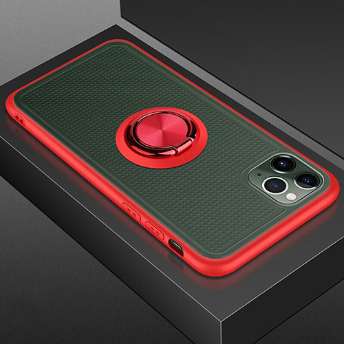 Silicone Matte Finish and Plastic Back Cover Case with Magnetic Finger Ring Stand R07 for Apple iPhone 11 Pro Max Red