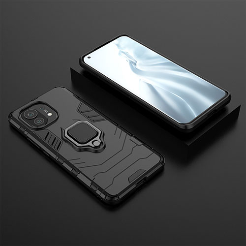 Silicone Matte Finish and Plastic Back Cover Case with Magnetic Finger Ring Stand R07 for Xiaomi Mi 11 5G Black