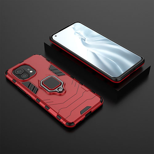 Silicone Matte Finish and Plastic Back Cover Case with Magnetic Finger Ring Stand R07 for Xiaomi Mi 11 Lite 5G Red