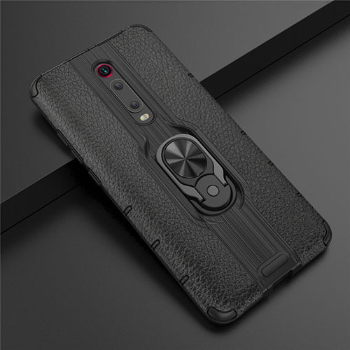 Silicone Matte Finish and Plastic Back Cover Case with Magnetic Finger Ring Stand R07 for Xiaomi Redmi K20 Pro Black