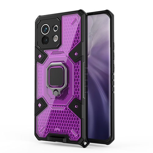 Silicone Matte Finish and Plastic Back Cover Case with Magnetic Finger Ring Stand R08 for Xiaomi Mi 11 Lite 5G Purple