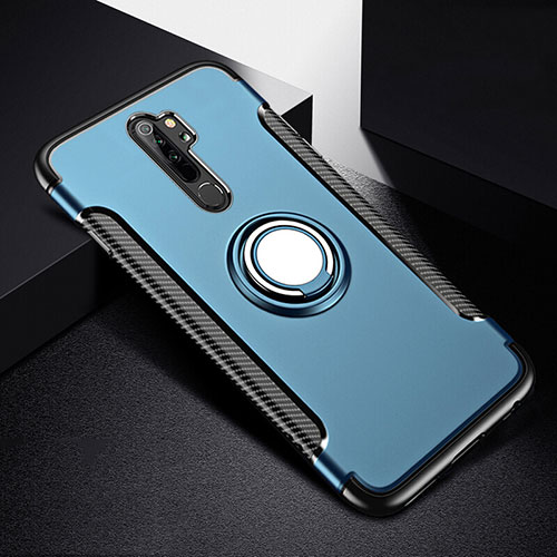 Silicone Matte Finish and Plastic Back Cover Case with Magnetic Finger Ring Stand R08 for Xiaomi Redmi Note 8 Pro Blue