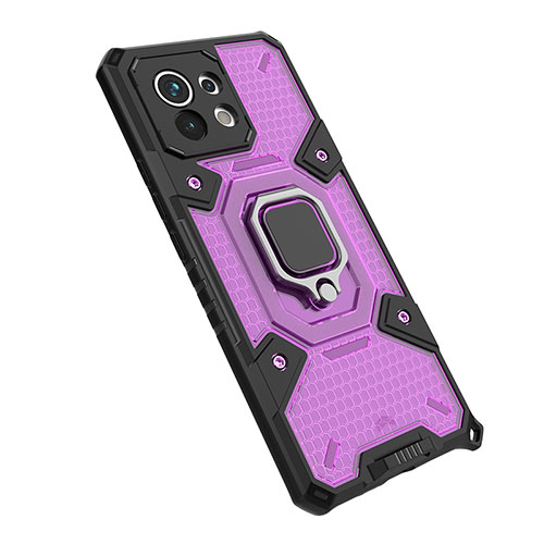 Silicone Matte Finish and Plastic Back Cover Case with Magnetic Finger Ring Stand R10 for Xiaomi Mi 11 5G Purple