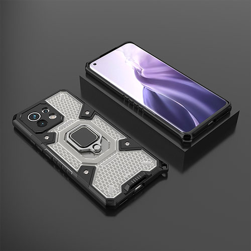 Silicone Matte Finish and Plastic Back Cover Case with Magnetic Finger Ring Stand R11 for Xiaomi Mi 11 Lite 4G Gray