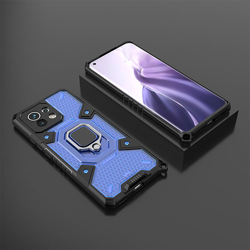 Silicone Matte Finish and Plastic Back Cover Case with Magnetic Finger Ring Stand R11 for Xiaomi Mi 11 Lite 5G Blue