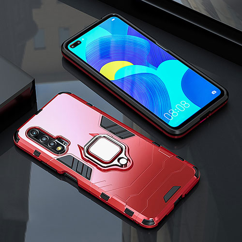 Silicone Matte Finish and Plastic Back Cover Case with Magnetic Finger Ring Stand S01 for Huawei Nova 6 5G Red