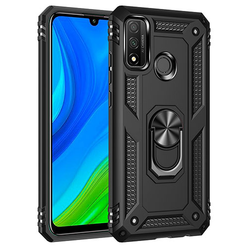 Silicone Matte Finish and Plastic Back Cover Case with Magnetic Finger Ring Stand S01 for Huawei P Smart (2020) Black