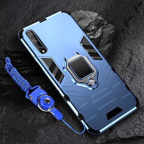 Silicone Matte Finish and Plastic Back Cover Case with Magnetic Finger Ring Stand S01 for Huawei P smart S Blue